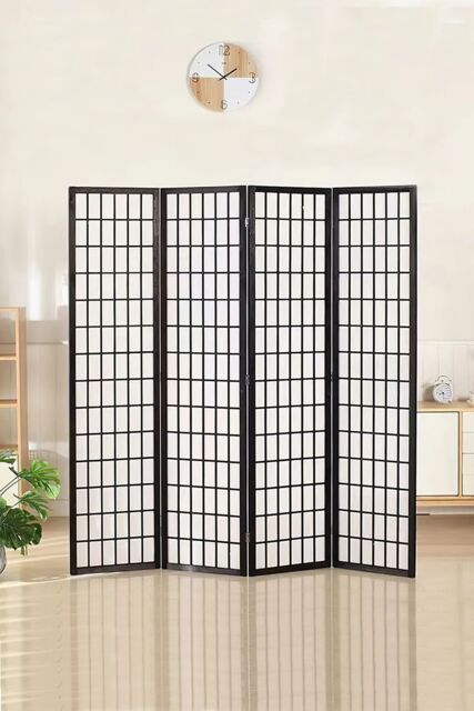 Living and Home 4-Panel Black Solid Wood Folding Room Divider Screen - image 1