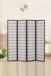 Living and Home 4-Panel Black Solid Wood Folding Room Divider Screen
