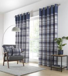 Portfolio Home Orleans Tartan Check Fully Lined Eyelet Curtains 2 Panel Pair in Blue - Size: 117 cm width x 137 cm drop - thumbnail 2