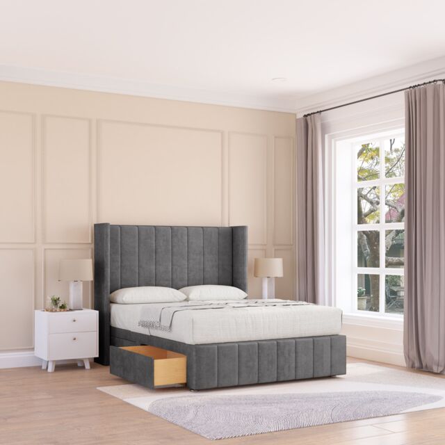 "Sloomy Melbourne Plush Wingback Bed Set, No Drawers & 54"" Floor Standing Headboard in Dark Grey - Size: Small Double" - image 1