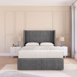 "Sloomy Melbourne Plush Wingback Bed Set, No Drawers & 54"" Floor Standing Headboard in Dark Grey - Size: Small Double" - thumbnail 2