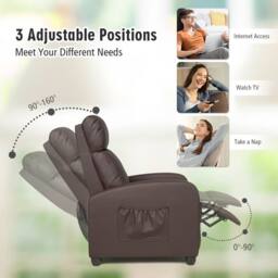 Costway Recliner Armchair W/ Reclining Function Upholstered Padded Single Sofa in Brown - thumbnail 2