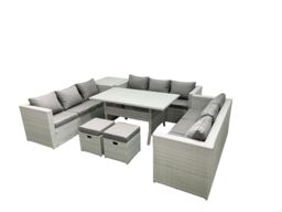 Fimous Rattan Garden Outdoor Furniture Set 11 Seater Garden Sofa Rectangulr Dining Table Set with 2 Small Footstool Side Table Light Grey Mixed - thumbnail 1