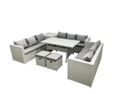 Fimous Rattan Garden Outdoor Furniture Set 11 Seater Garden Sofa Rectangulr Dining Table Set with 2 Small Footstool Side Table Light Grey Mixed - thumbnail 2