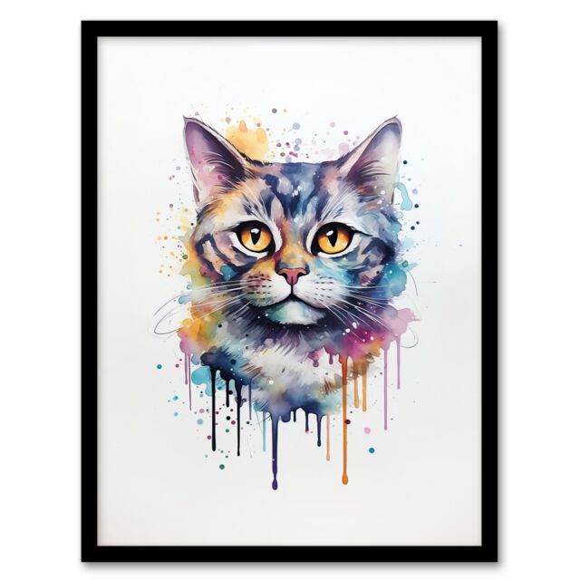 "Artery8 Wall Art Print British Shorthair Cat Lovers Gift Watercolour Pet Portrait Painting Artwork Art Framed - Size: W12"" x H16""" - image 1