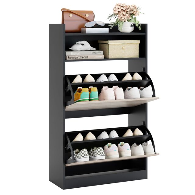 Gymax Wooden Shoe Cabinet With 2 Flip Drawers Narrow Shoe Rack Organizer in Black - image 1