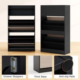 Gymax Wooden Shoe Cabinet With 2 Flip Drawers Narrow Shoe Rack Organizer in Black - thumbnail 3