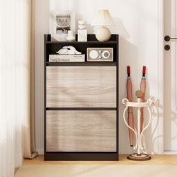 Gymax Wooden Shoe Cabinet With 2 Flip Drawers Narrow Shoe Rack Organizer in Black - thumbnail 8