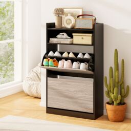 Gymax Wooden Shoe Cabinet With 2 Flip Drawers Narrow Shoe Rack Organizer in Black - thumbnail 7