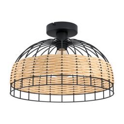 Loops Semi Flush Ceiling Light Black & Wicker Round Shade 1 x 60W E27 Bulb Feature - thumbnail 1