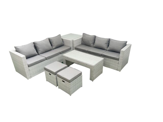Fimous 8 Seater Garden Outdoor Rattan Furniture Set Rattan Garden Sofa Oblong Coffee Table with 2 Small Footstool Side Table Light Grey Mixed - image 1