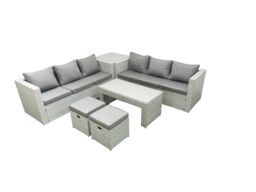 Fimous 8 Seater Garden Outdoor Rattan Furniture Set Rattan Garden Sofa Oblong Coffee Table with 2 Small Footstool Side Table Light Grey Mixed - thumbnail 1