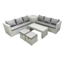 Fimous 8 Seater Garden Outdoor Rattan Furniture Set Rattan Garden Sofa Oblong Coffee Table with 2 Small Footstool Side Table Light Grey Mixed - thumbnail 2