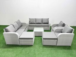 Fimous PE Rattan High Back Lounge Sofa Set Patio Square Coffee Table & Chairs Set with 3 Seater Sofa Reclining Chair 2 Big Footstool Light Grey - thumbnail 1