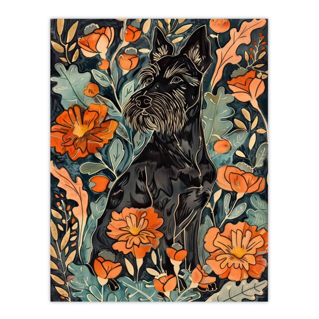 "Artery8 Stylised Scottish Terrier Dog with Peony Flowers Wall Art Print in Orange - Size: W24"" x H32""" - image 1