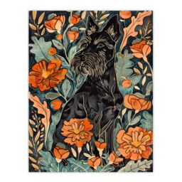 "Artery8 Stylised Scottish Terrier Dog with Peony Flowers Wall Art Print in Orange - Size: W24"" x H32""" - thumbnail 1