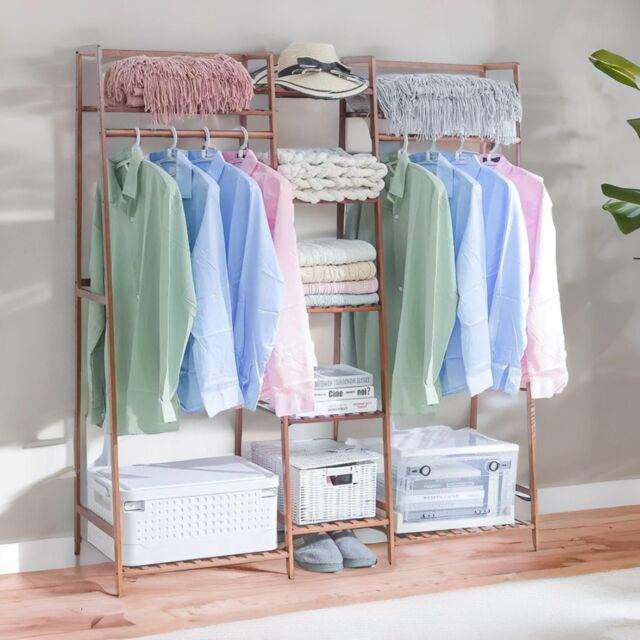 FURNOS Large Bamboo Open Wardrobe Garment Rail With Storage Shelves in Natural - image 1