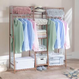 FURNOS Large Bamboo Open Wardrobe Garment Rail With Storage Shelves in Natural - thumbnail 5