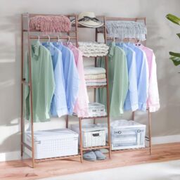 FURNOS Large Bamboo Open Wardrobe Garment Rail With Storage Shelves in Natural - thumbnail 1