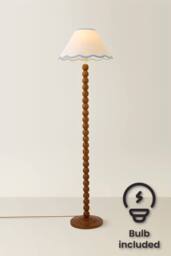 ValueLights Bobbin Colour Trim Linen Shade Walnut Bobble Floor Lamp with Bulb in Baby Blue - thumbnail 1