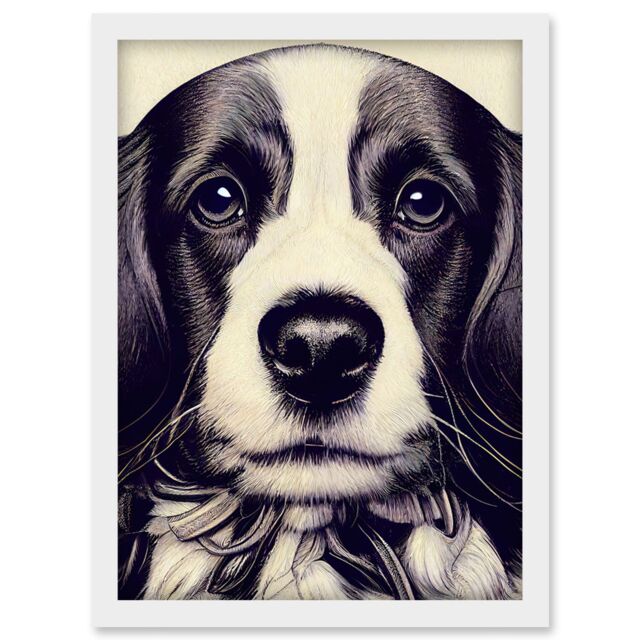 Artery8 Springer Spaniel Puppy Dog Portrait Drawing Artwork Framed Wall Art Print A4 in White - image 1