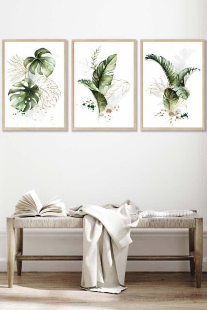 ARTZE Framed Green & Gold Botanical Leaves Framed Wall Art - Large in Light Oak - Size: W53 cm x H73 cm x D20mm - image 1