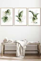 ARTZE Framed Green & Gold Botanical Leaves Framed Wall Art - Large in Light Oak - Size: W53 cm x H73 cm x D20mm - thumbnail 1