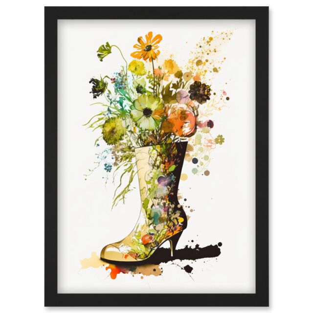 Artery8 Wildflower Bouquet in a High Heel Floral Boot Artwork Framed Wall Art Print A4 in Black - image 1