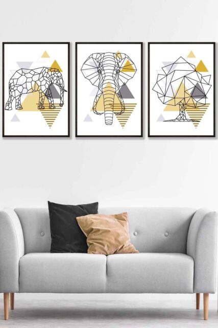 ARTZE Geometric Line Art Yellow Elephant Tree Set Framed Wall Art - Large in Black - Size: W53 cm x H73 cm x D20mm - image 1