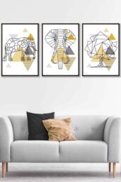 ARTZE Geometric Line Art Yellow Elephant Tree Set Framed Wall Art - Large in Black - Size: W53 cm x H73 cm x D20mm - thumbnail 1