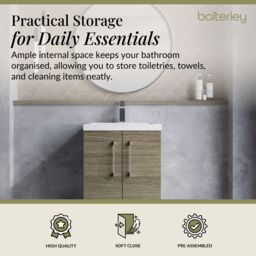 Balterley Bathroom Vanity Basin Unit, Chrome Handles, 500mm, Mid Oak in Brown - thumbnail 4