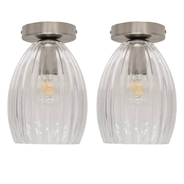 First Choice Lighting Set of 2 Birch - Fluted Glass Satin Nickel Ceiling Light Fittings in Clear
