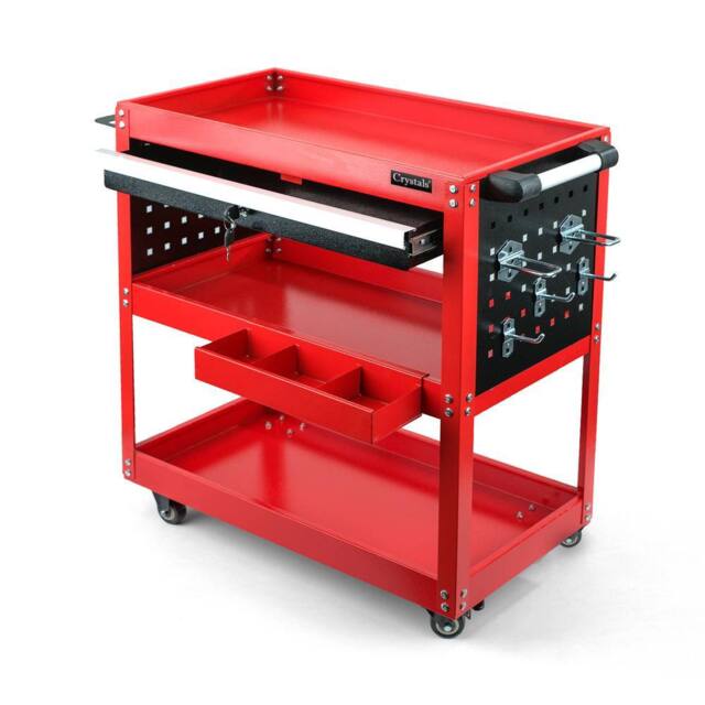 Crystals 3 Tier Workshop Tool Trolley Cabinet with Drawer & Wheels in Red - Size: 10000mm x 520mm - image 1