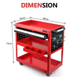 Crystals 3 Tier Workshop Tool Trolley Cabinet with Drawer & Wheels in Red - Size: 10000mm x 520mm - thumbnail 2