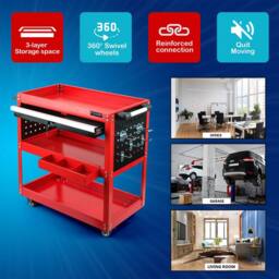 Crystals 3 Tier Workshop Tool Trolley Cabinet with Drawer & Wheels in Red - Size: 10000mm x 520mm - thumbnail 5