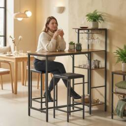 HOMCOM 3Pcs Breakfast Bar Table & Stools Set 4-tier shelving in Brown - thumbnail 1