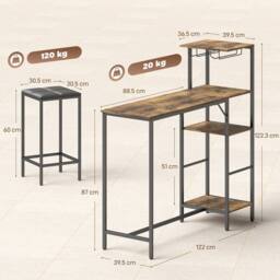 HOMCOM 3Pcs Breakfast Bar Table & Stools Set 4-tier shelving in Brown - thumbnail 3