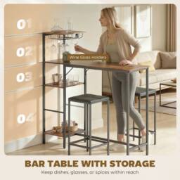 HOMCOM 3Pcs Breakfast Bar Table & Stools Set 4-tier shelving in Brown - thumbnail 5