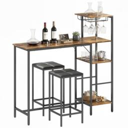 HOMCOM 3Pcs Breakfast Bar Table & Stools Set 4-tier shelving in Brown - thumbnail 2