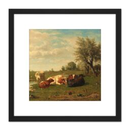 Artery8 Bilders Cows In The Meadow Landscape Painting 8X8 Inch Square Wooden Framed Wall Art Print Picture with Mount in Black - thumbnail 1
