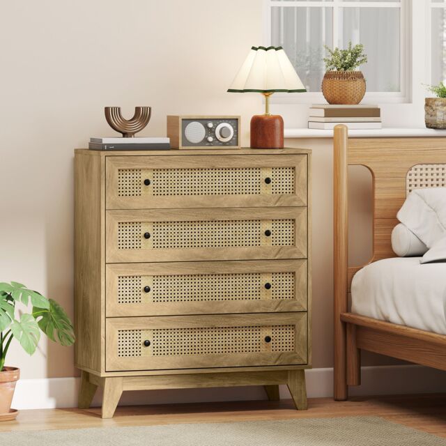 HOMCOM Chest of Drawers, 4 Drawer Unit Storage Organiser with Rattan Element in Light Brown - image 1