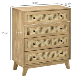 HOMCOM Chest of Drawers, 4 Drawer Unit Storage Organiser with Rattan Element in Light Brown - thumbnail 3