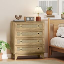 HOMCOM Chest of Drawers, 4 Drawer Unit Storage Organiser with Rattan Element in Light Brown