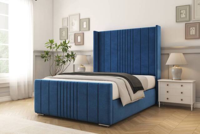 "Comfort Beds Grace Plush Bed Frame - 50"" Upholstered Wingback Headboard in Navy - Size: Small Double" - image 1