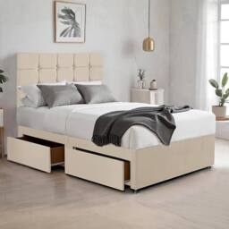 "Bed Time UK Plush Divan Bed with 2 Drawers, 20"" Cubic Headboard & Mattress in Ivory - Size: Single"
