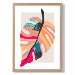 ARTZE Tropical Monstera Blue & Pink Boho Botanical Framed Print SIZE: A3 with Oak Frame in Mid Blue - Size: A4