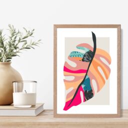 ARTZE Tropical Monstera Blue & Pink Boho Botanical Framed Print SIZE: A3 with Oak Frame in Mid Blue - Size: A4 - thumbnail 2