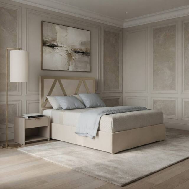 Casani Cliddesden Upholstered Soft Velvet Beige Metal Designer Bed Frame in Cream - Size: Single - image 1