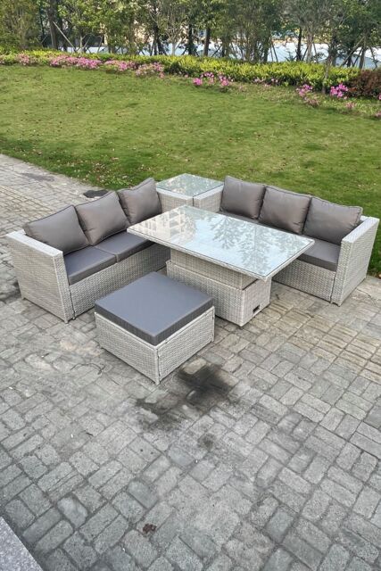 Fimous Rattan Garden Funiture Set Adjustable Rising Lifting Table Sofa Dining Set Tea Table Footstool in Light Grey - image 1