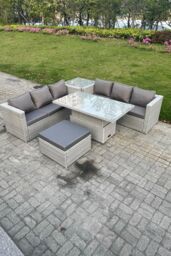 Fimous Rattan Garden Funiture Set Adjustable Rising Lifting Table Sofa Dining Set Tea Table Footstool in Light Grey - thumbnail 2